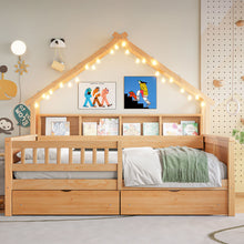 Load image into Gallery viewer, House Style Platform Bed With LED Lights, Storage Shelves, Drawers, And Guardrail
