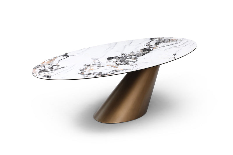 Ceramic Steel Pedestal Base Oval Dining Table - Gold / Gray / White