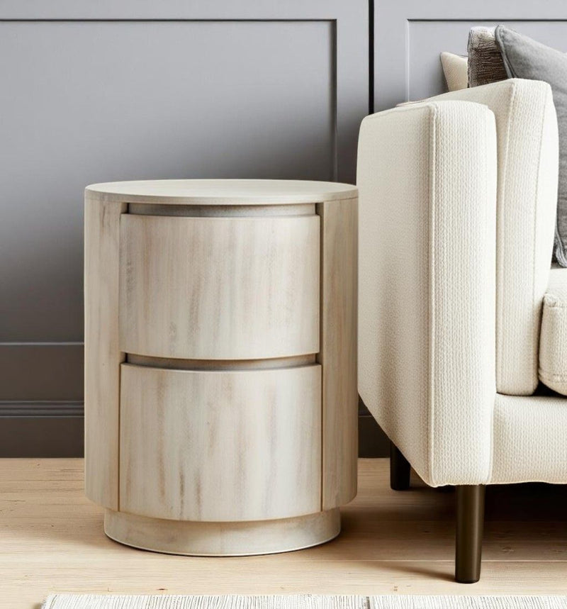 24" Solid Wood Round Drum End Table With Two Drawers - White