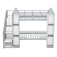 Load image into Gallery viewer, Metal Twin over Twin Castle-shaped Bunk Bed with Wardrobe and Multiple Storage, Gray+White
