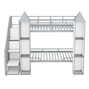 Metal Twin over Twin Castle-shaped Bunk Bed with Wardrobe and Multiple Storage, Gray+White