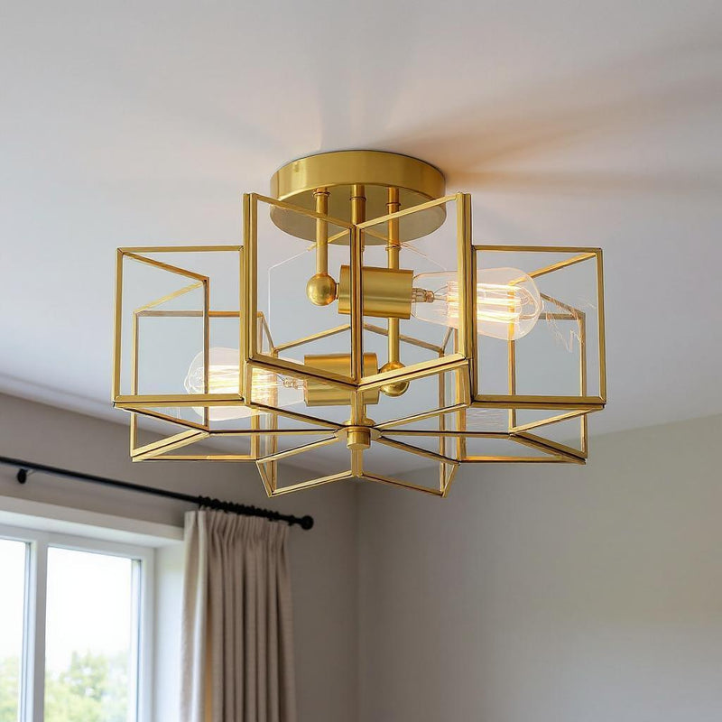 Unique Statement Two Light Metal Dimmable Flush Chandelier With Shades - Brass