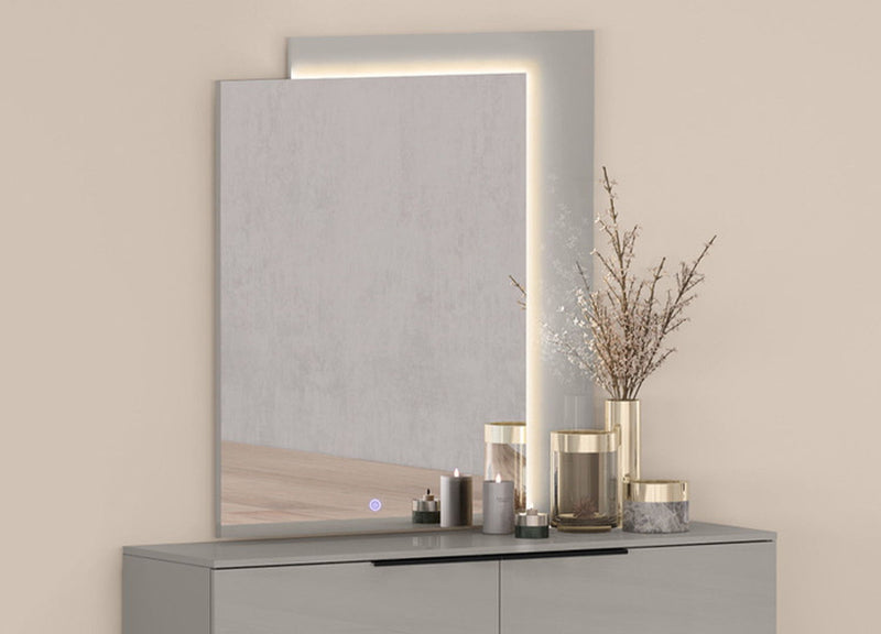 Wood Lighted Wall Mounted And Dresser Mount Geometric Framed Dresser Mirror - Light Gray