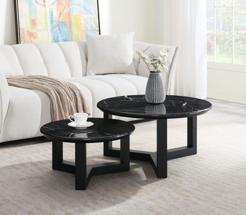 Genuine Marble Wood Round Cross Legs Coffee Table - Black