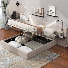 Load image into Gallery viewer, Full Size Storage Upholstered Hydraulic Platform Bed with 2 Shelves, 2 Lights and USB, Beige
