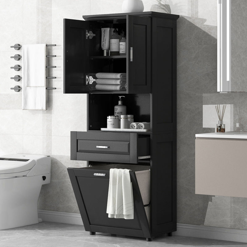 Tall Bathroom Cabinet With Tilt-Out Laundry Basket And Upper Storage