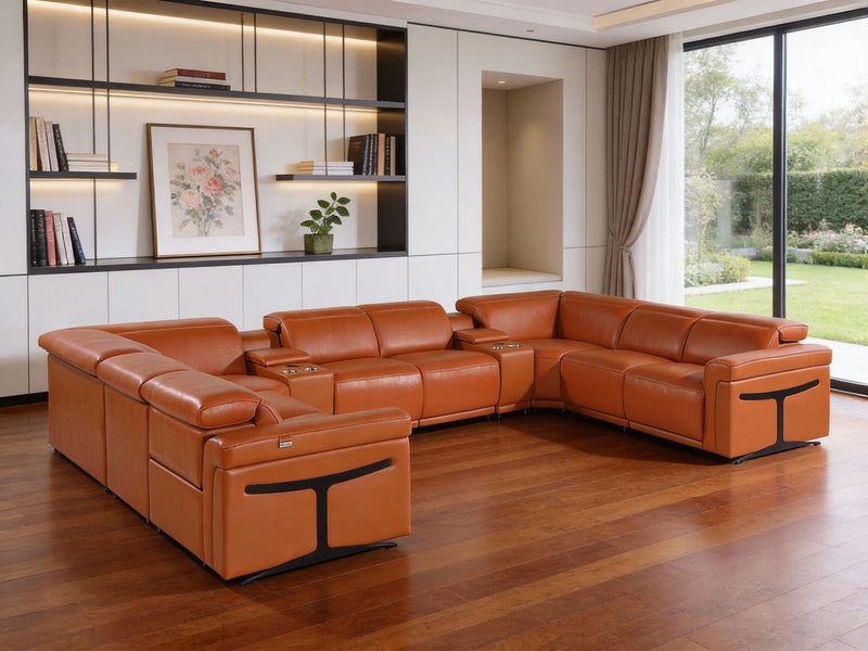 Italian Leather Power Reclining U Shaped Ten Piece Corner Sectional With Console - Camel