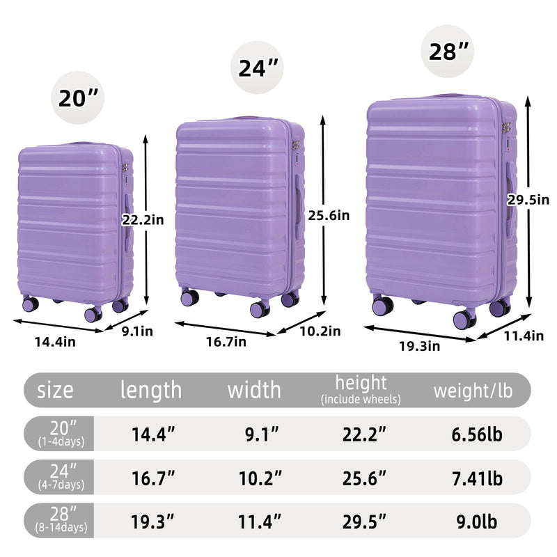3 Piece 20" / 24" / 28" Spinner Luggage Set & Combination Lock, Durable Hard Shell With 360° Silent Wheels - Blue / Purple
