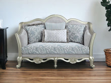 Load image into Gallery viewer, Damask Linen Curved Loveseat And Toss Pillows - Light Gray / Champagne
