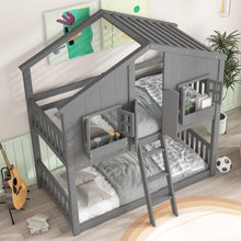 Load image into Gallery viewer, Twin over Twin House Bunk Bed with Roof , Window, Window  Box, Door , with Safety Guardrails and Ladder, Grey
