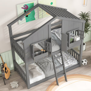 Twin over Twin House Bunk Bed with Roof , Window, Window  Box, Door , with Safety Guardrails and Ladder, Grey