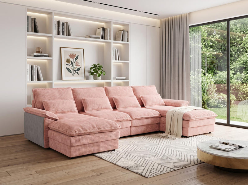 Chenille Modular U Shaped Four Piece Sofa And Chaise Sectional With Console And Toss Pillows - Pink