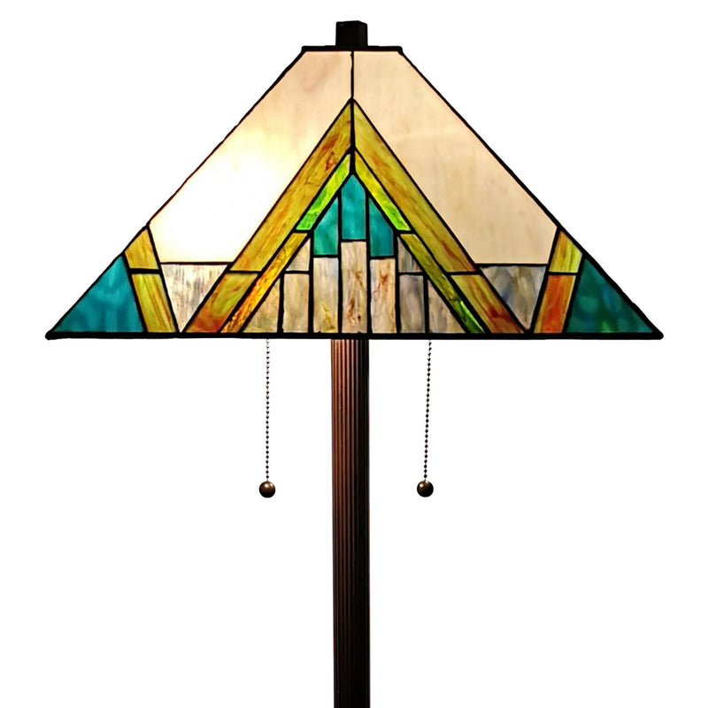 Two Light Traditional Shaped Floor Lamp With Beige Green And Blue Geometric Stained Glass Empire Shade - Brown