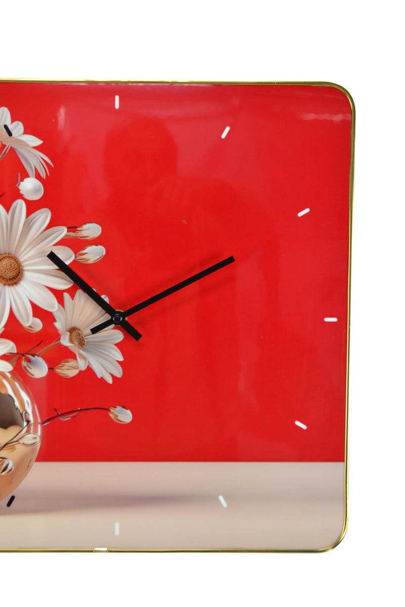 Silent Daisies Floral Wall Clock - Gold / Red / White
