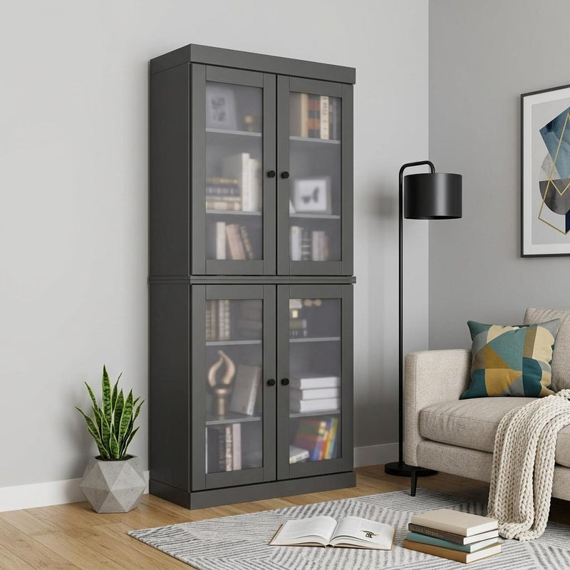 Solid Wood Adjustable Six Tier Library Bookcase With Four Doors (751353) - Gray