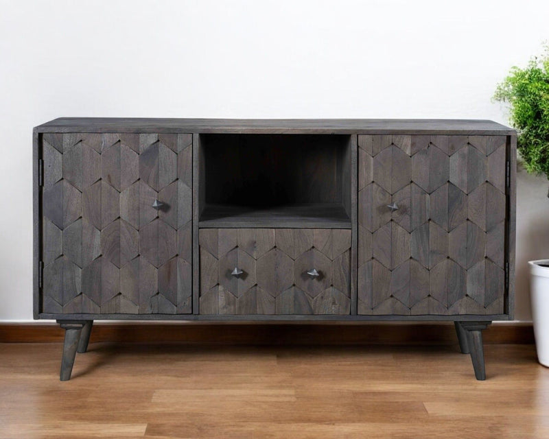 55" Carved Geometric Distressed Solid Wood Enclosed And Open Storage TV Stand - Dark Gray
