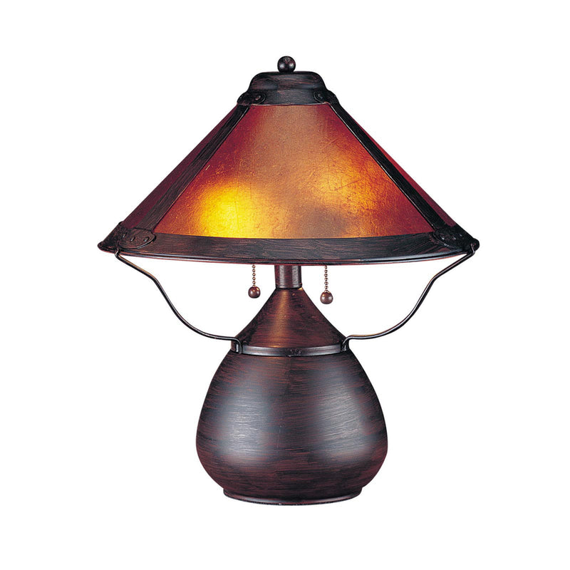Metal Two Light Round Table Lamp With Amber Empire Shade - Rust