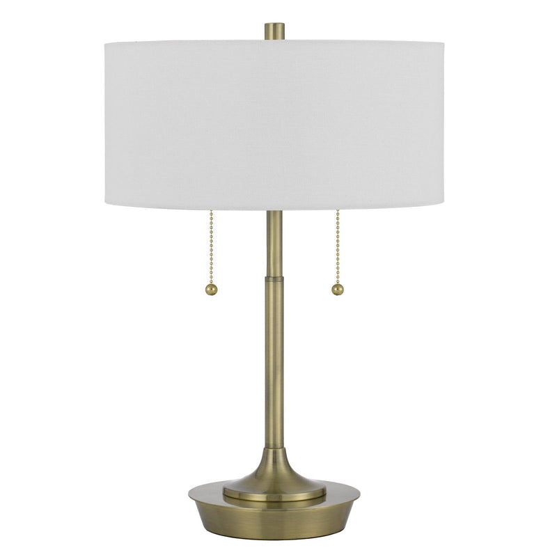 Metal Two Light Candlestick Table Lamp With White Drum Shade - Antiqued Brass