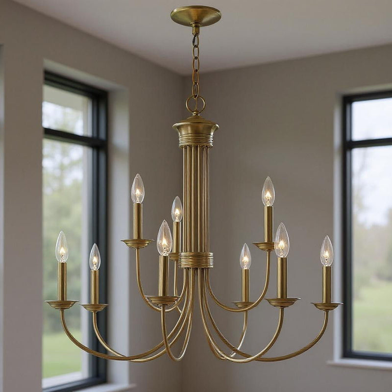 Nine Light Dimmable Chandelier With Shades - Antiqued Brass