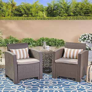 Outdoor Brown Faux Wicker Club Chairs with Mixed Beige Water Resistant Cushions