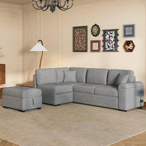 Sleeper Sectional Sofa, L-Shape Corner Couch Sofa-Bed with Storage Ottoman & Hidden Arm Storage & USB Charge  for Living Room Apartment, Gray