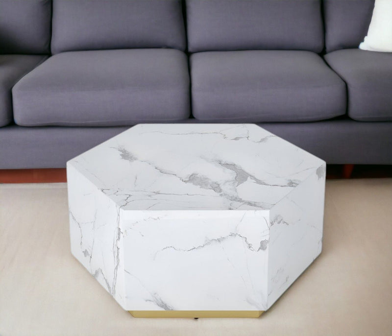 35" Faux Marble Hexagon Drum Coffee Table - White And Gold