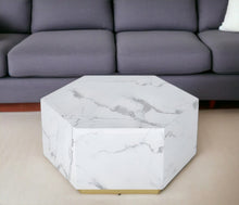 Load image into Gallery viewer, 35" Faux Marble Hexagon Drum Coffee Table - White And Gold
