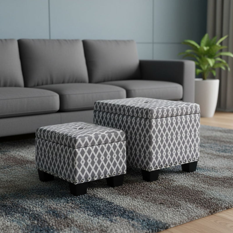 Fabric Tufted Storage Ottoman - Gray / White / Black