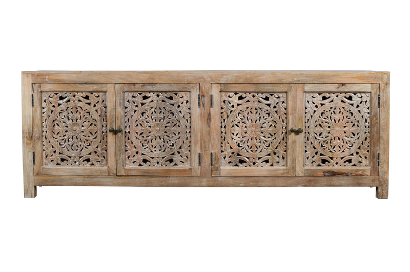 86" Carved Floral Distressed Solid Wood Enclosed Storage TV Stand - Natural