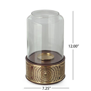 Boho Handcrafted Mango Wood Hurricane Candle Holder With Tempered Glass And Metal Accents - Brown