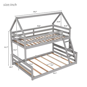 Twin over Full House Bunk Bed with Built-in Ladder,Gray