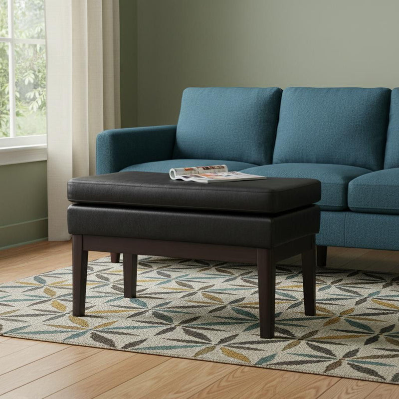 26" Leather Ottoman - Black / Walnut