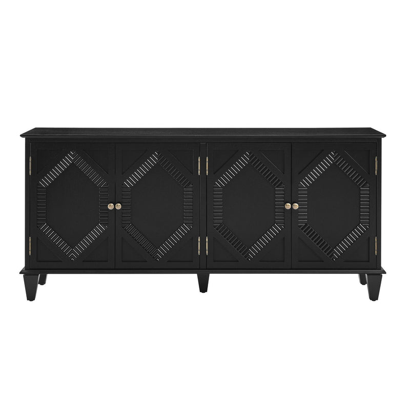 Wood Carved Geometric Accent Cabinet With Four Doors - Black
