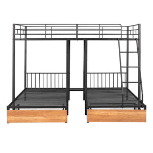 Full Over Twin & Twin Bunk Bed, Metal Triple Bunk Bed with Drawers and Guardrails, Black