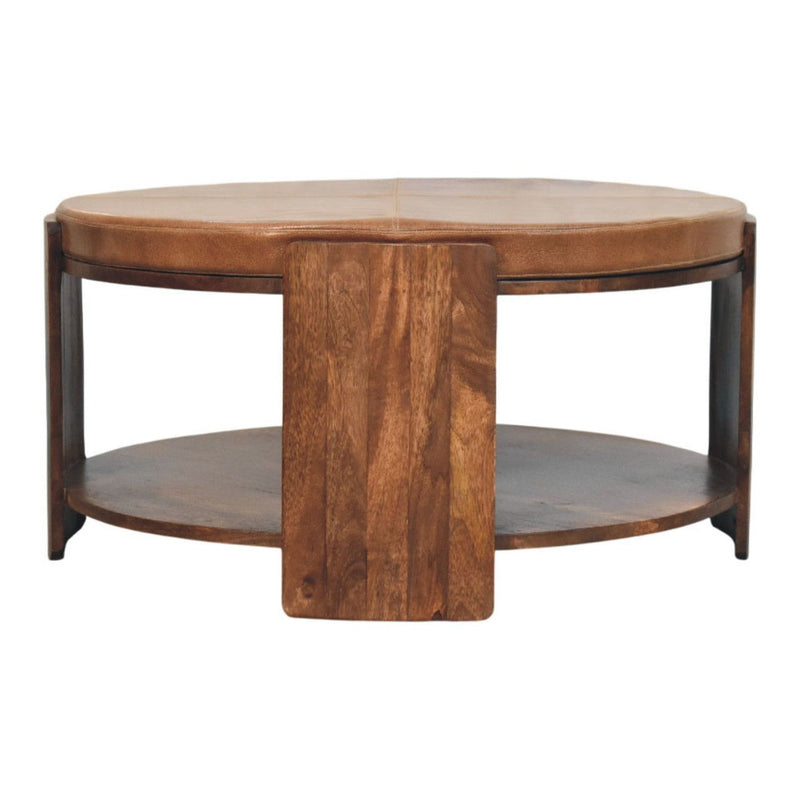 Genuine Leather And Solid Wood Round Solid Coffee Table - Brown