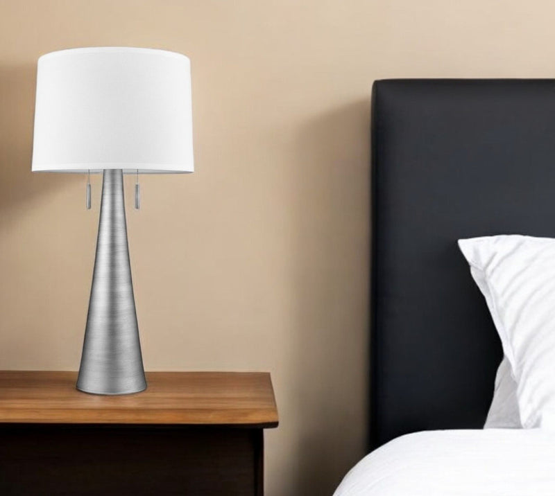 Metal Two Light Table Lamp With White Empire Shade - Silver
