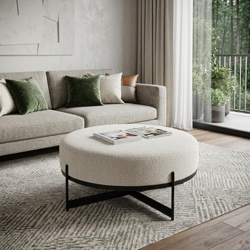 Fabric Round Pouf Ottoman (730854) - Cream / Black