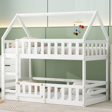 Load image into Gallery viewer, Twin over Twin House Bunk Bed with Fence and Door, White
