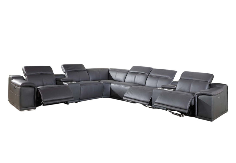 Italian Leather Power Reclining Eight Piece Corner Sectional With Console - Gray