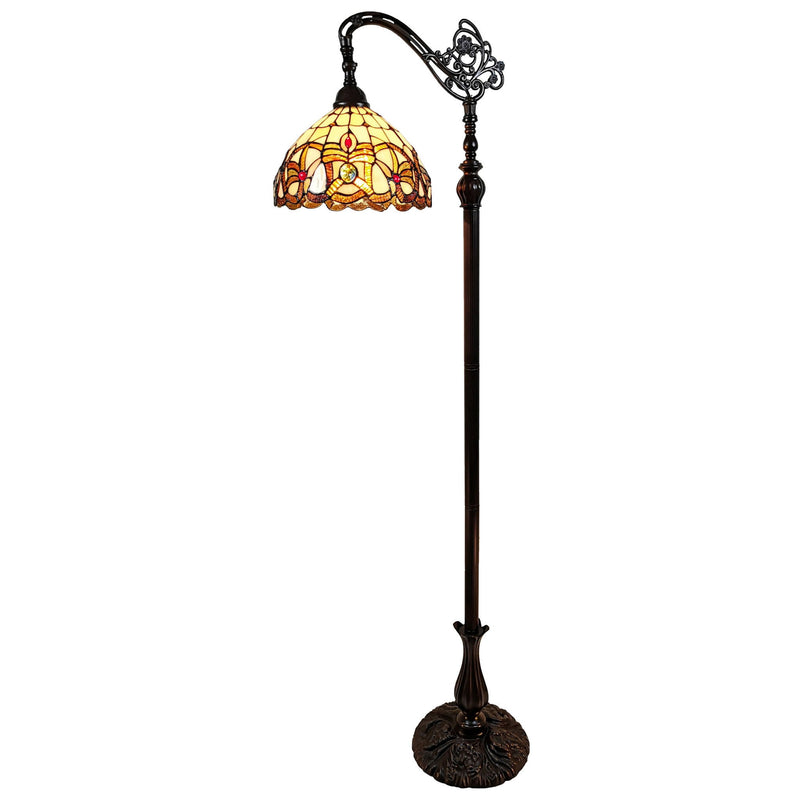Metal Arched Floor Lamp With Amber And Red Flowers Stained Glass Shade - Brown