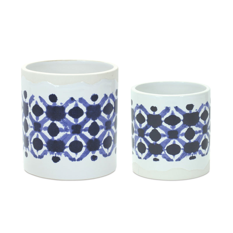 Geometric Round Pot Planters (Set of 2) - White / Blue