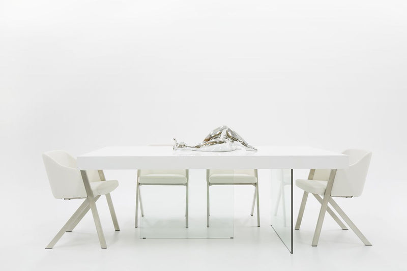 Wood Glass Trestle Base Dining Table - White / Clear