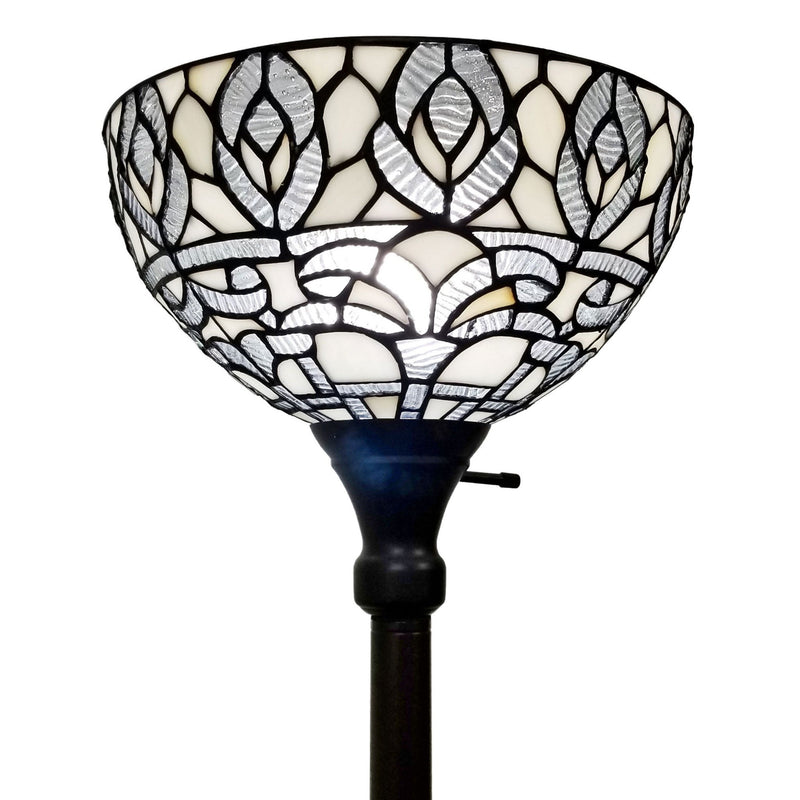 Traditional Shaped Floor Lamp With White Peacock Feather Stained Glass Dome Shade - Brown