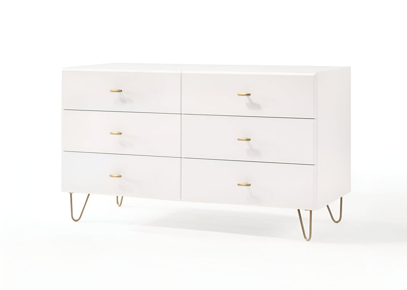 Six Drawer Wood Double Dresser - White