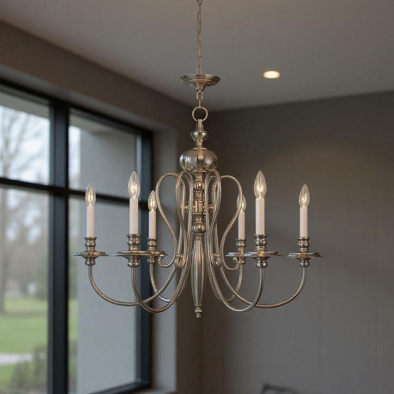 24'' Six Light Dimmable Chandelier With Shades - Nickel / Pearl Silver
