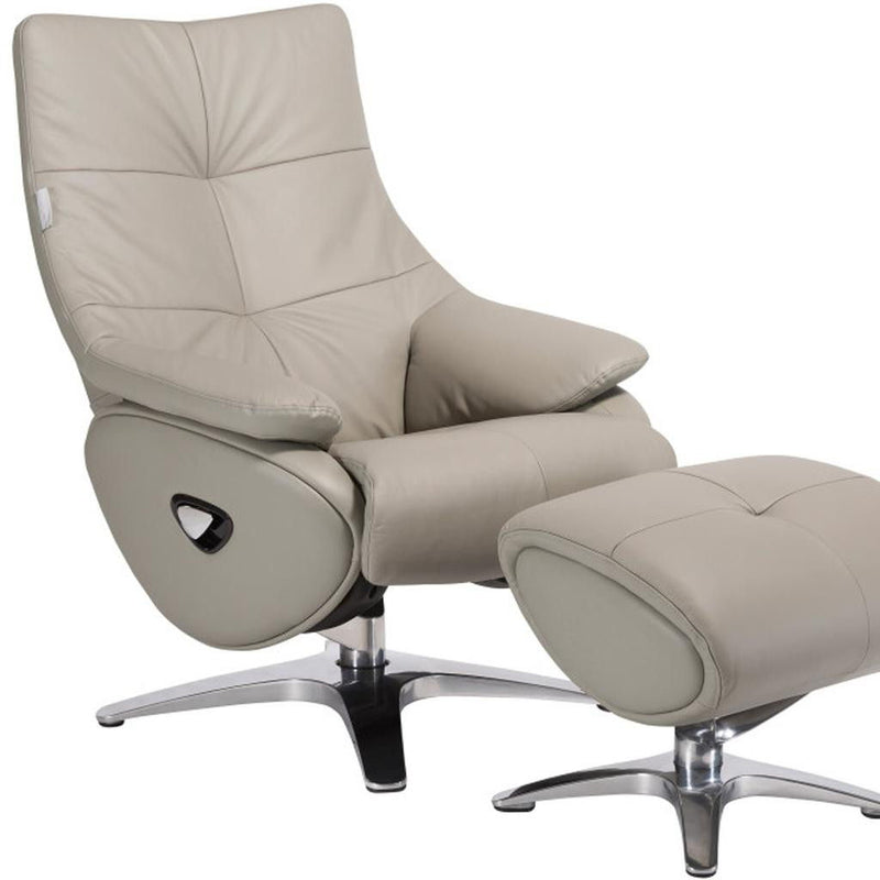 Tufted Genuine Leather Manual Swivel Recliner With Ottoman - Gray