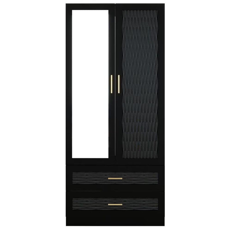 71" Carved Geometric And Mirro Two Door Two Drawer Combo Dresser - Black