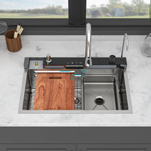 Load image into Gallery viewer, Kitchen Waterfall Sink Single Bowl With LED Faucet, Ledge Workstation, And Multi Function Pull Out Spray - Brushed Nickel
