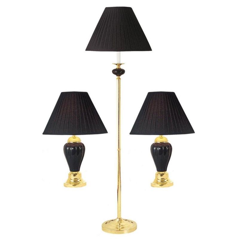 Ceramic Bedside Floor And Table Lamp Set With Black Empire Shade (Set of 3) - Gold