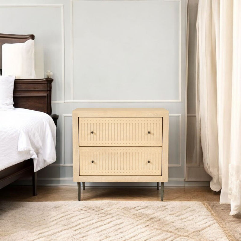 Solid Wood Distressed Carved Geometric Two Drawer Nightstand - Natural